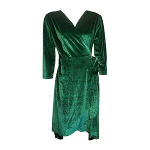 LEADINGSTAR Solid All Green Velvet Velour Look Wrap Style Dress Womens Size XL